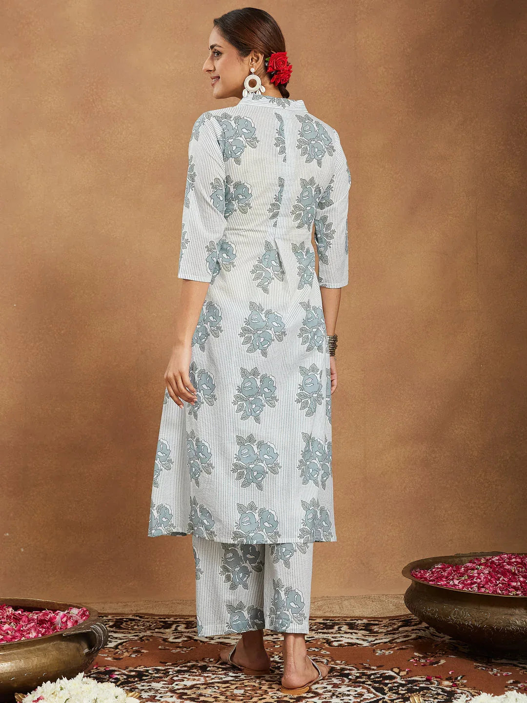 Janasya Women's White Pure Cotton Floral Printed A-line Shirt Style Kurta With Pant Set