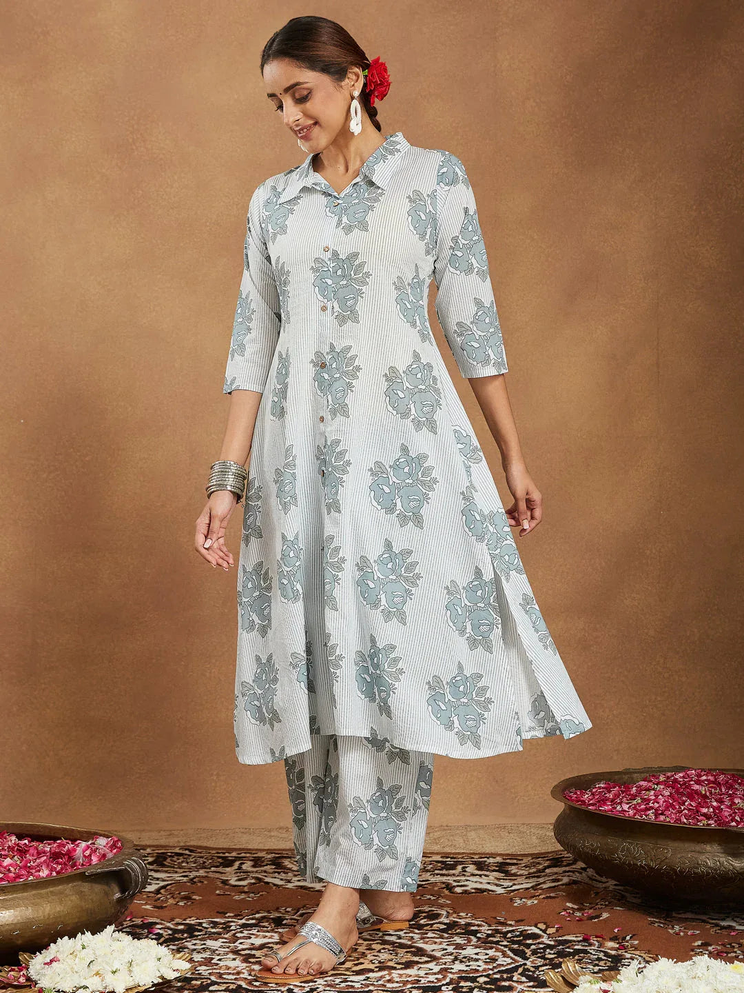Janasya Women's White Pure Cotton Floral Printed A-line Shirt Style Kurta With Pant Set