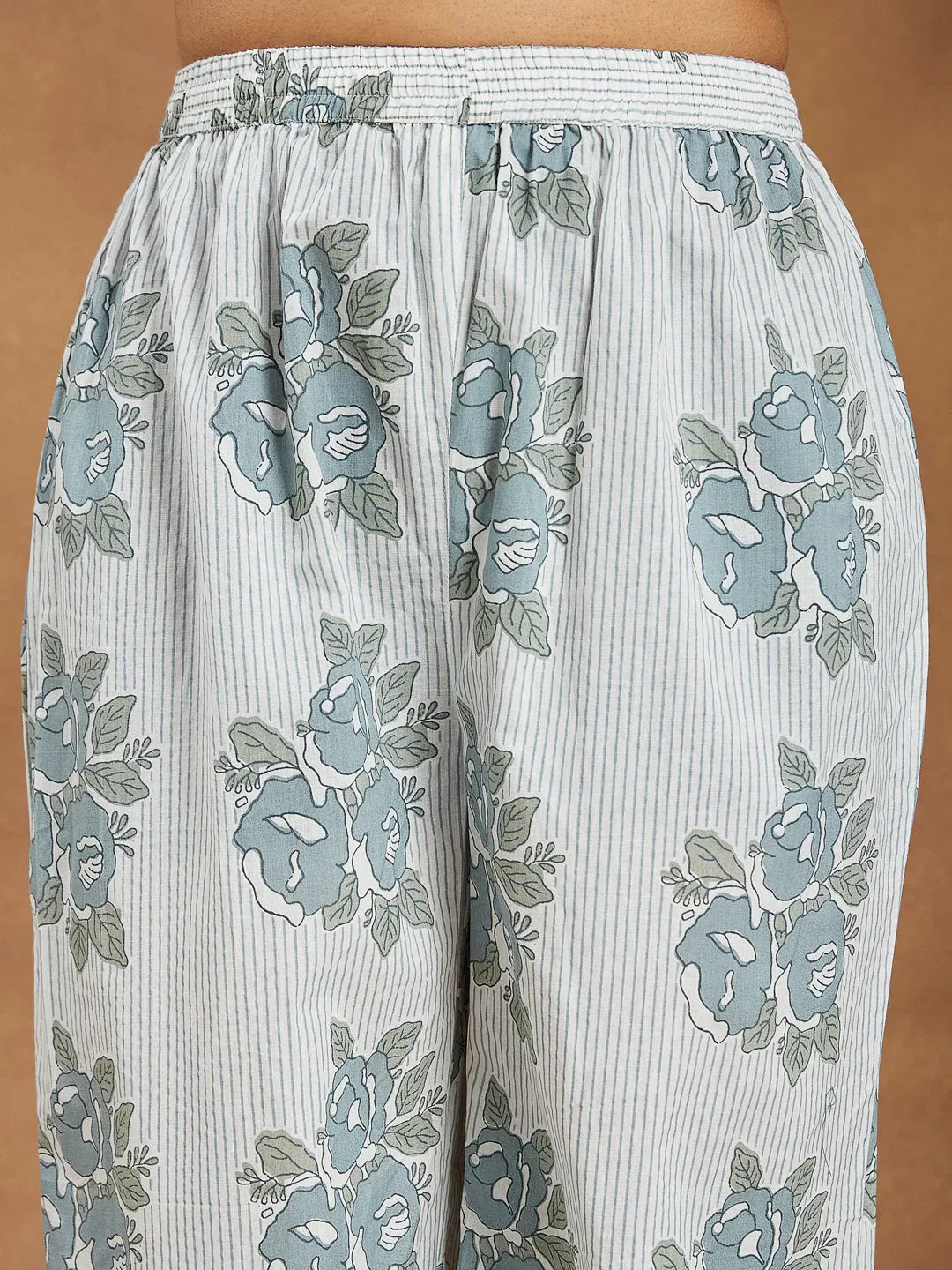 Janasya Women's White Pure Cotton Floral Printed A-line Shirt Style Kurta With Pant Set