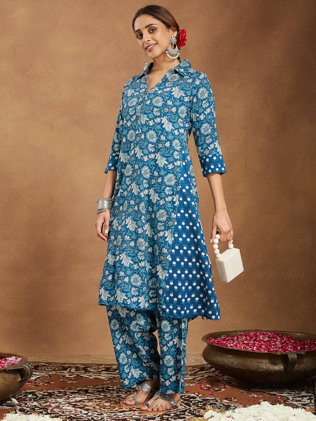 Janasya Women's Blue Pure Cotton Floral Printed A-line Kurta Set - qivii