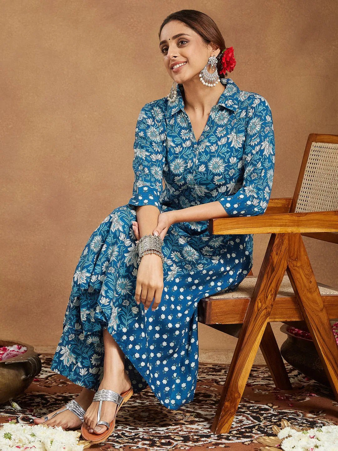 Janasya Women's Blue Pure Cotton Floral Printed A-line Kurta Set