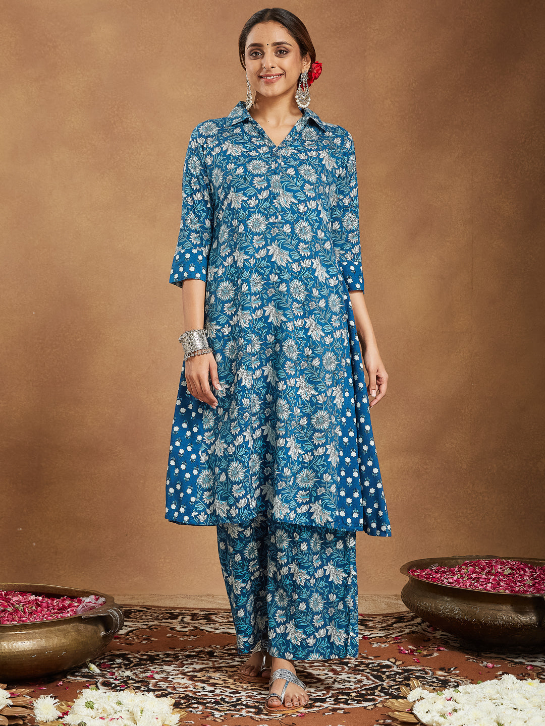 Janasya Women's Blue Pure Cotton Floral Printed A-line Kurta Set - qivii