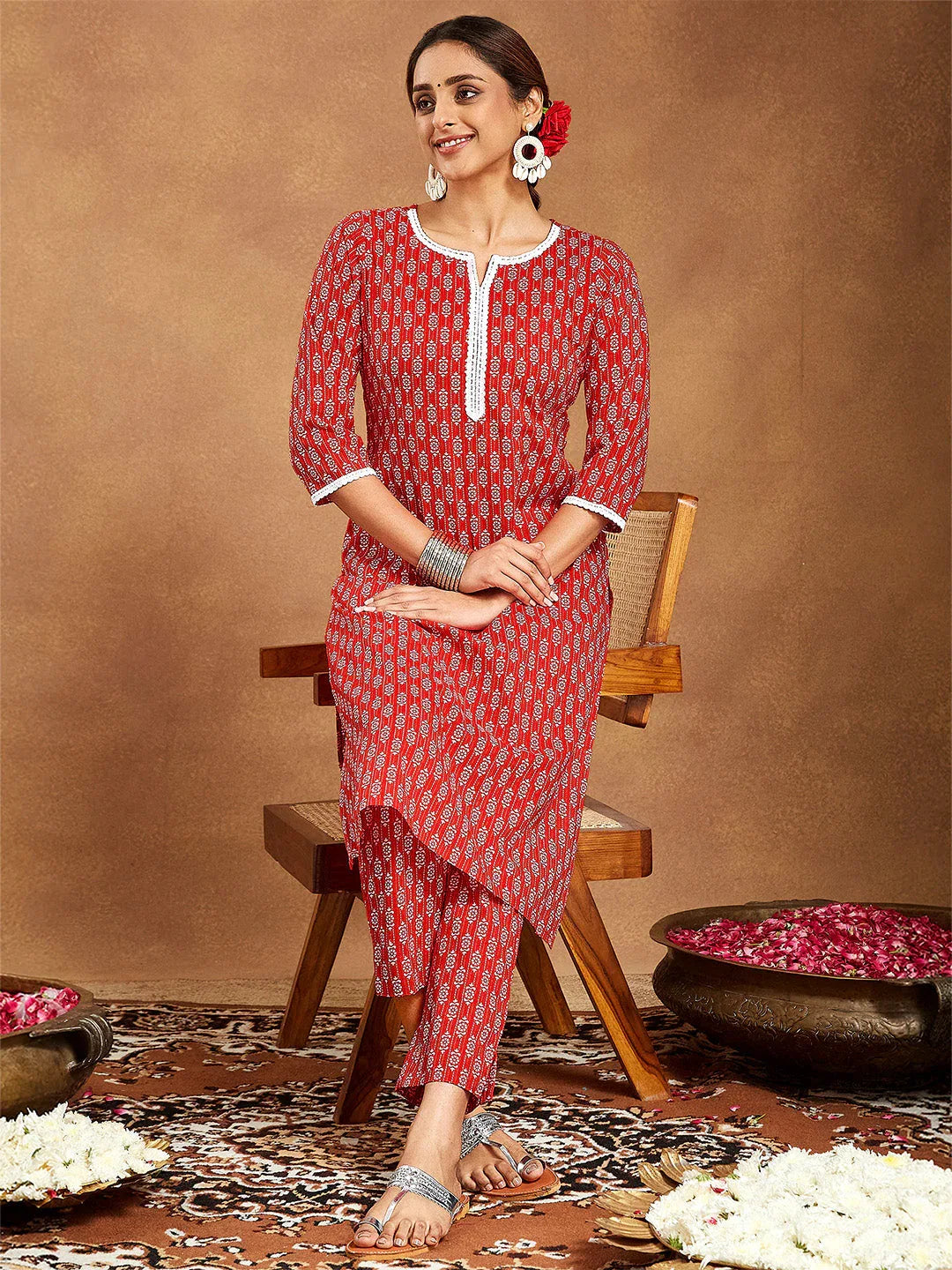 Janasya Women's Red Pure Cotton Ethnic Motifs Printed Straight Kurta Pant Set