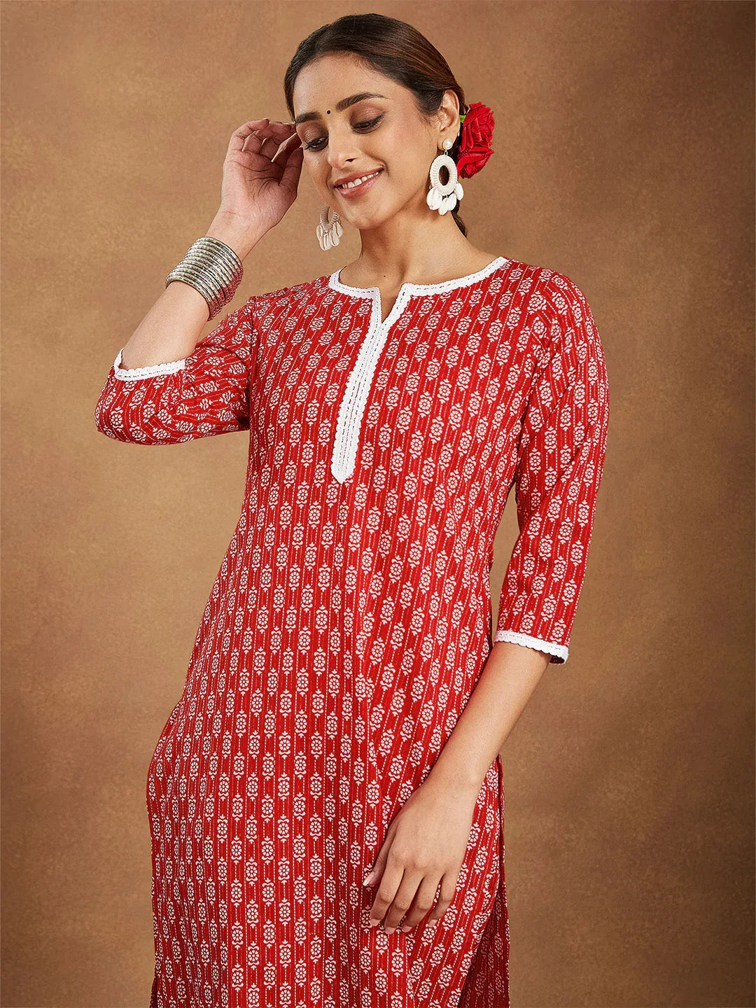 Janasya Women's Red Pure Cotton Ethnic Motifs Printed Straight Kurta Pant Set