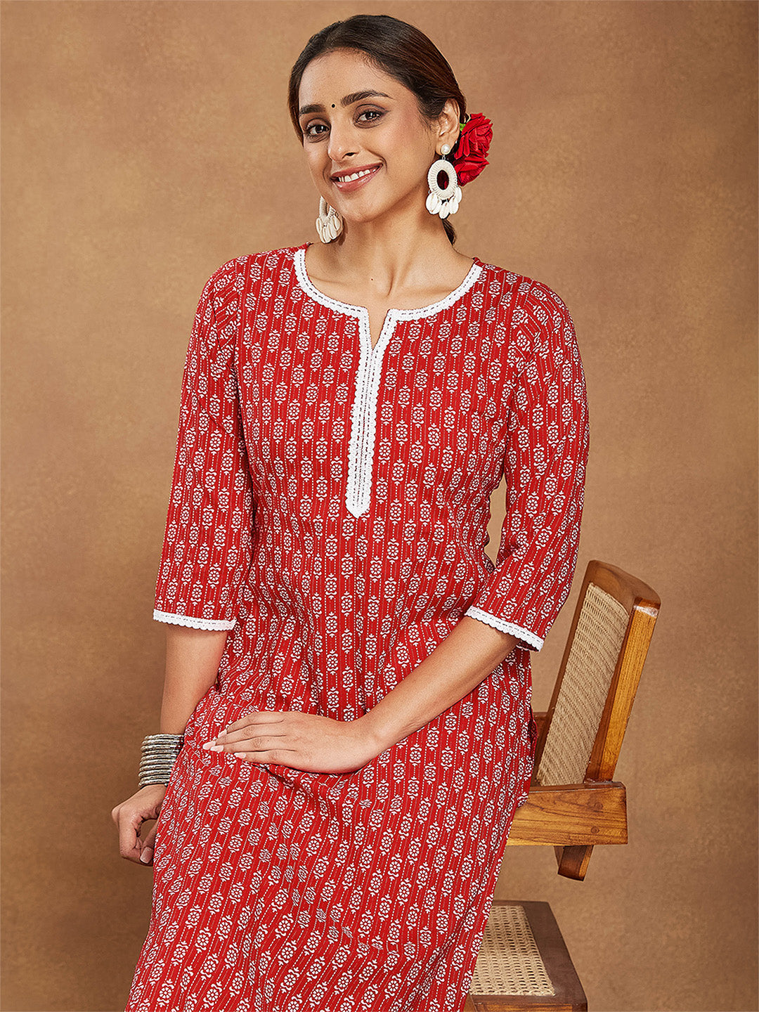 Janasya Women's Red Pure Cotton Ethnic Motifs Printed Straight Kurta Pant Set - qivii