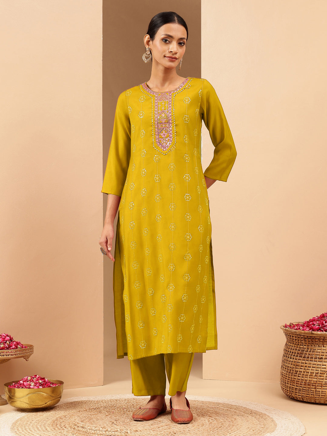 Janasya Women's Mustard Chanderi Silk Embellished Straight Kurta Pant Set - qivii