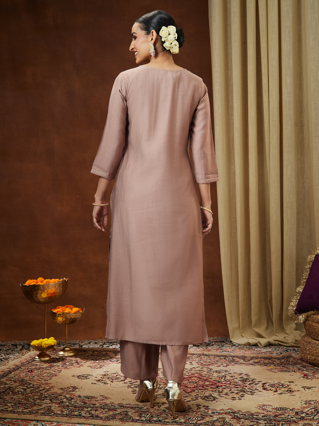 Janasya Women's Brown Silk Blend Zari Embroidered Straight Kurta Pant Set - qivii