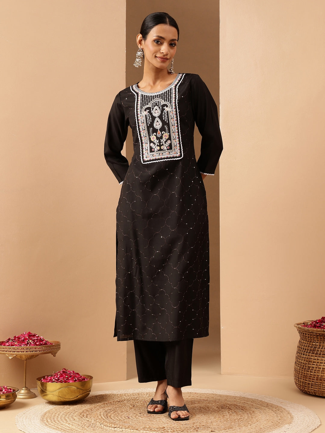 Janasya Women's Black Chanderi Silk Embroidered Straight Kurta Pant Set - qivii