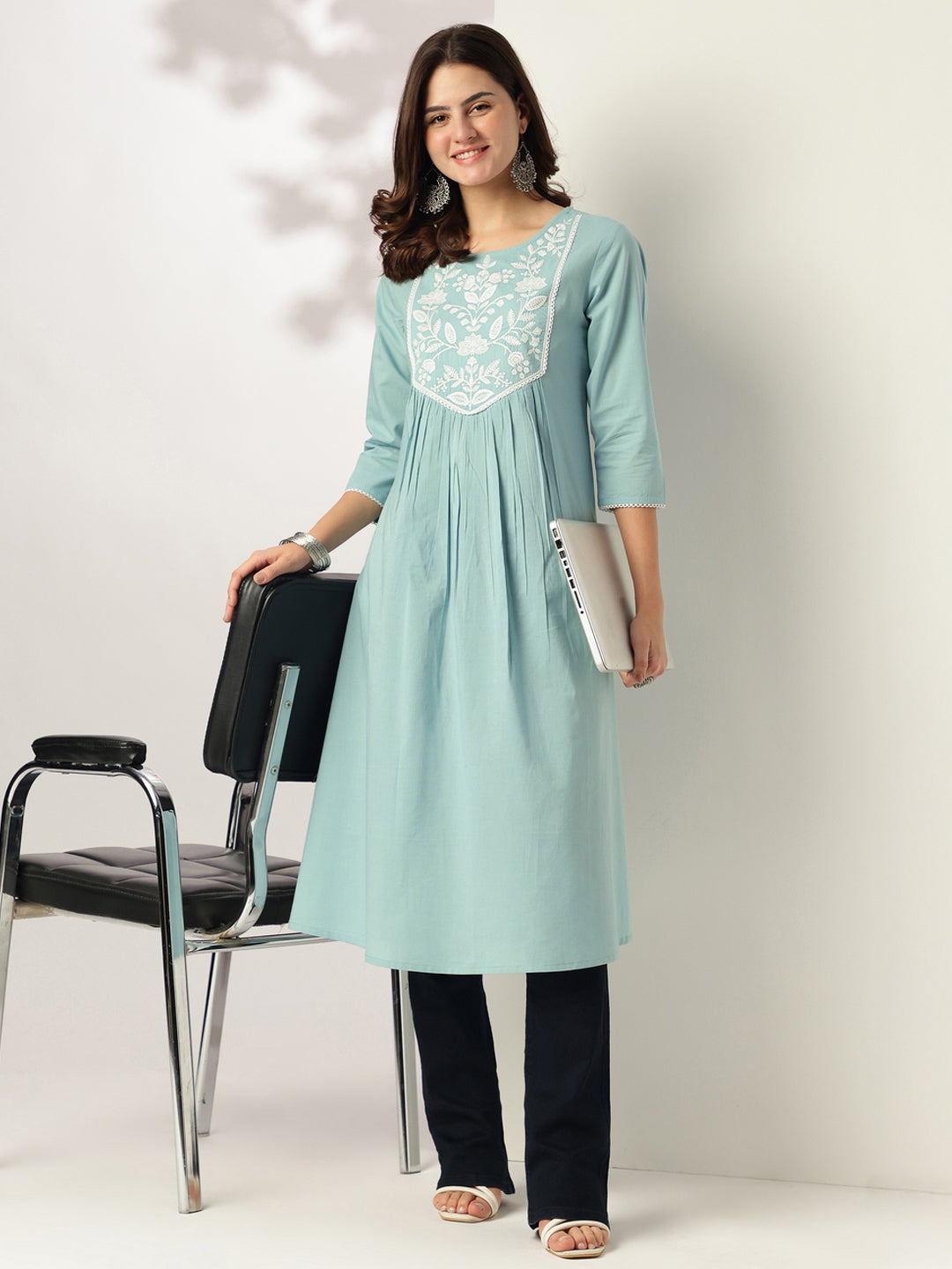 Janasya Women's Light Blue Pure Cotton Yoke Embroidered A-line Kurta - qivii