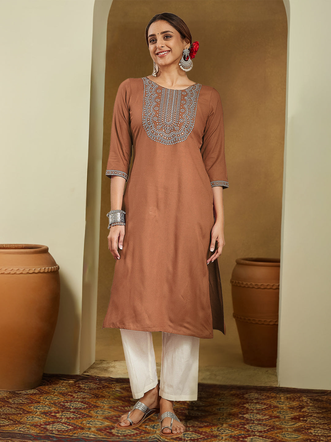 Janasya Women's Brown Rayon Embroidered Straight Kurta - qivii