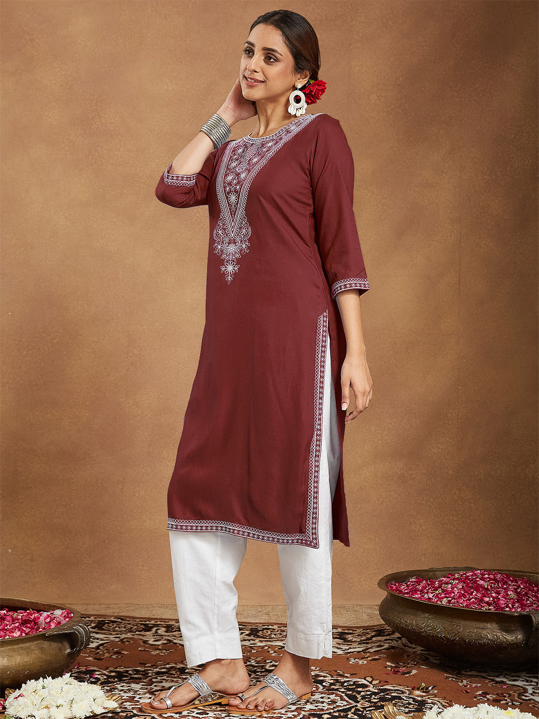 Janasya Women's Maroon Rayon Embroidered Straight Kurta - qivii