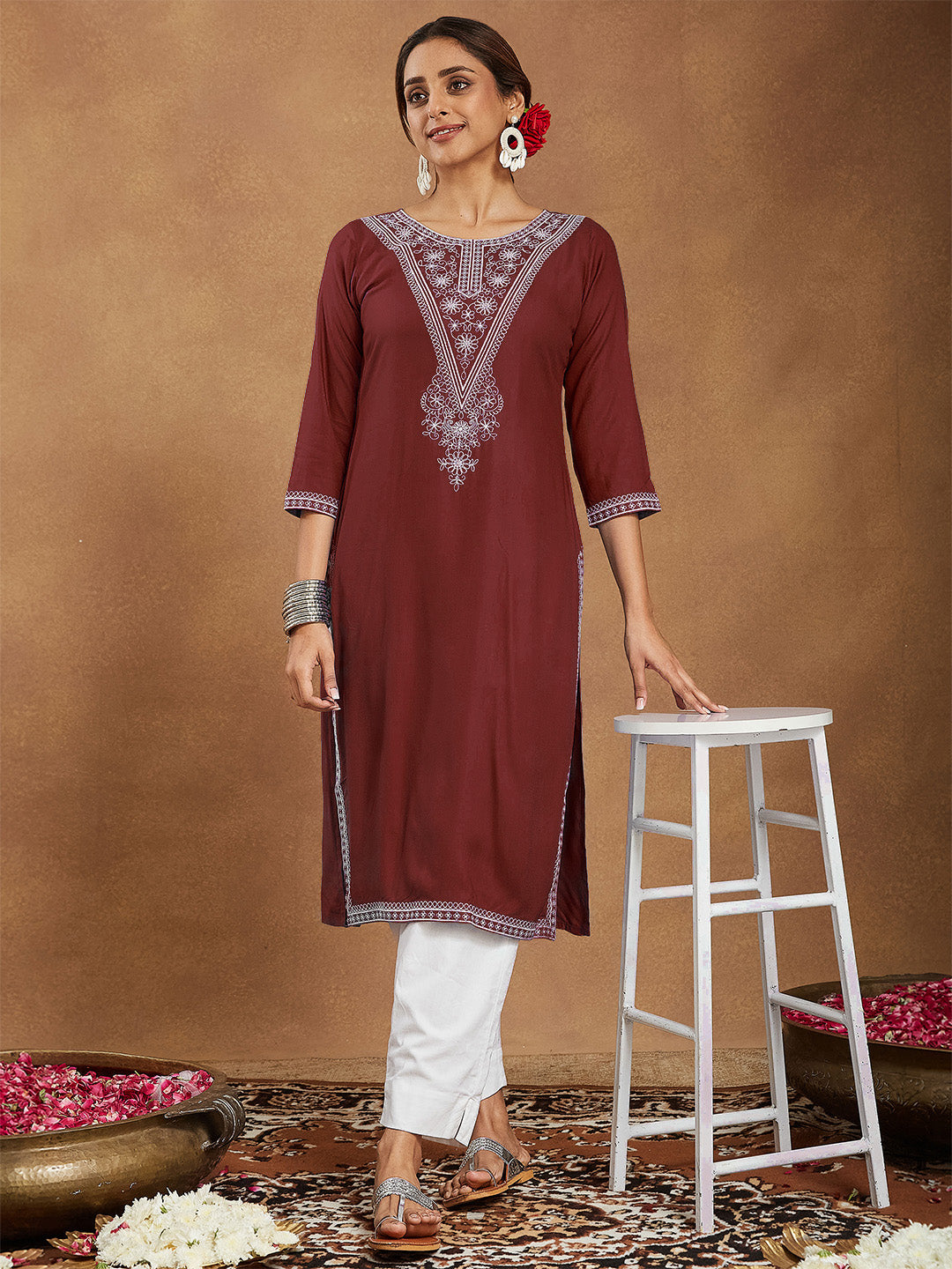 Janasya Women's Maroon Rayon Embroidered Straight Kurta - qivii