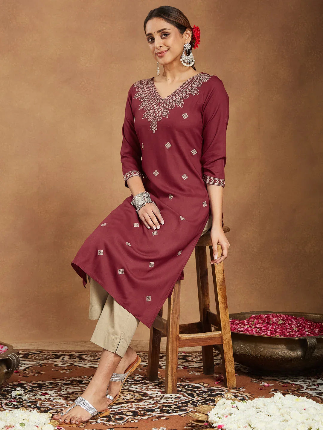 Janasya Women's Maroon Rayon Embroidered Straight Kurta
