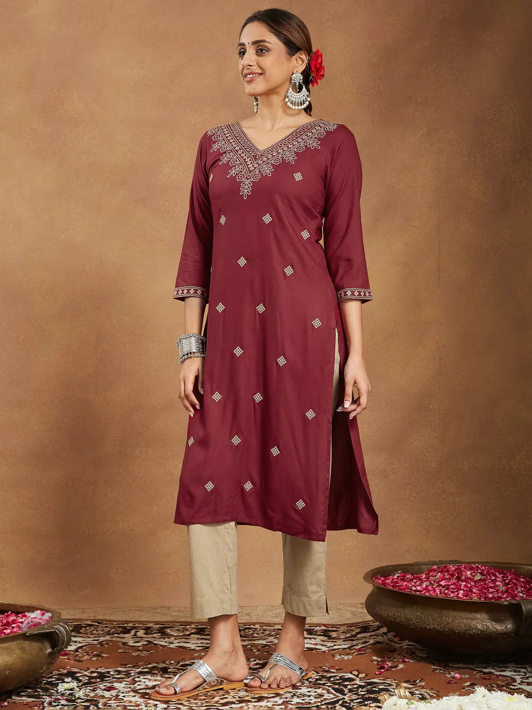 Janasya Women's Maroon Rayon Embroidered Straight Kurta