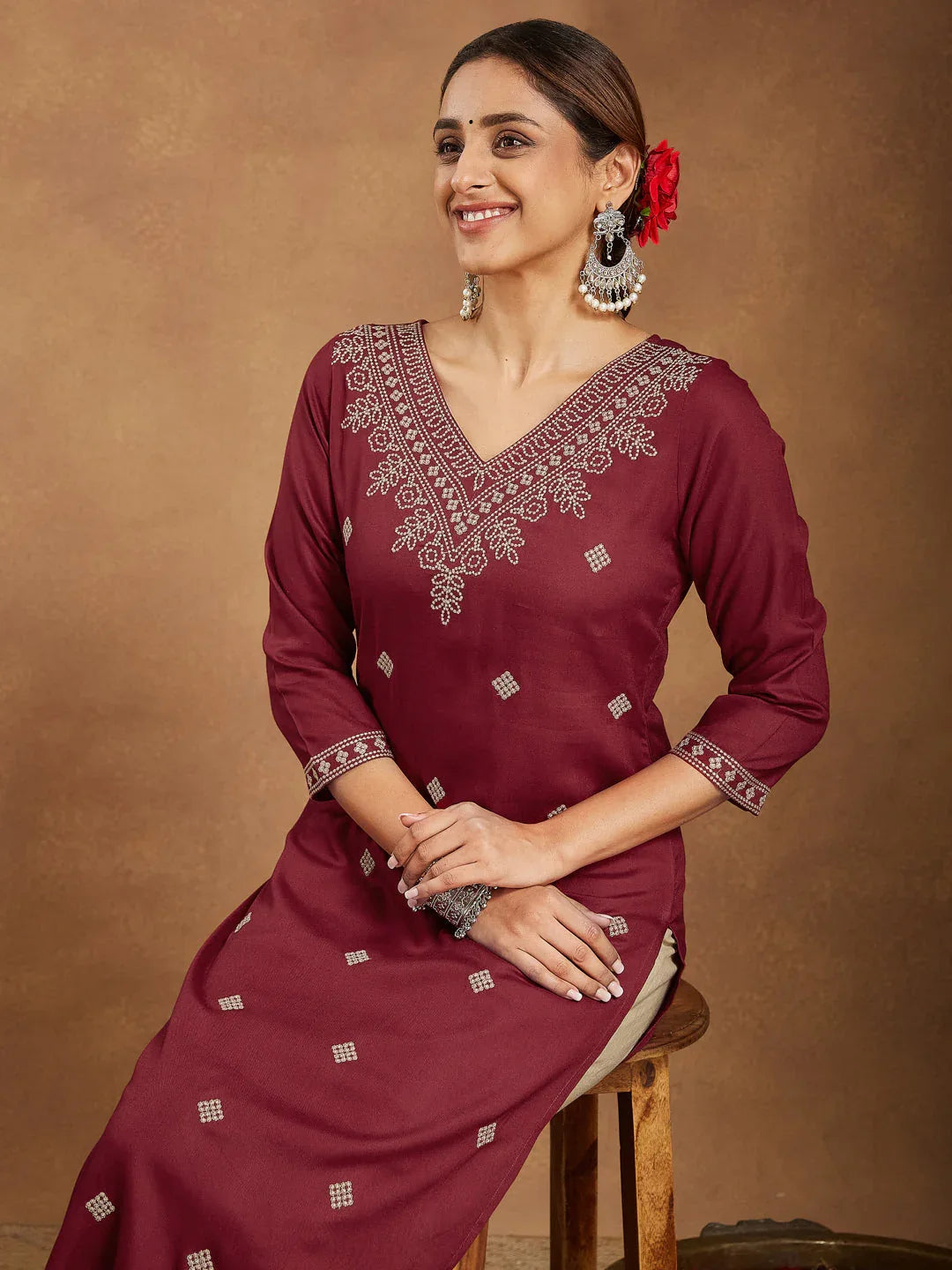Janasya Women's Maroon Rayon Embroidered Straight Kurta