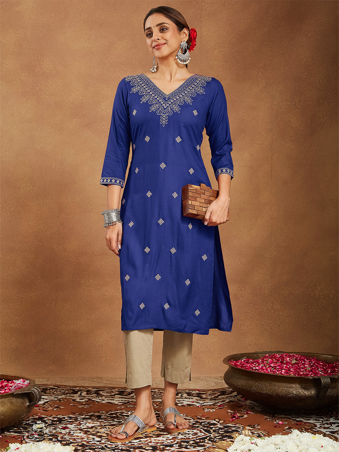 Janasya Women's Navy Blue Rayon Embroidered Straight Kurta - qivii