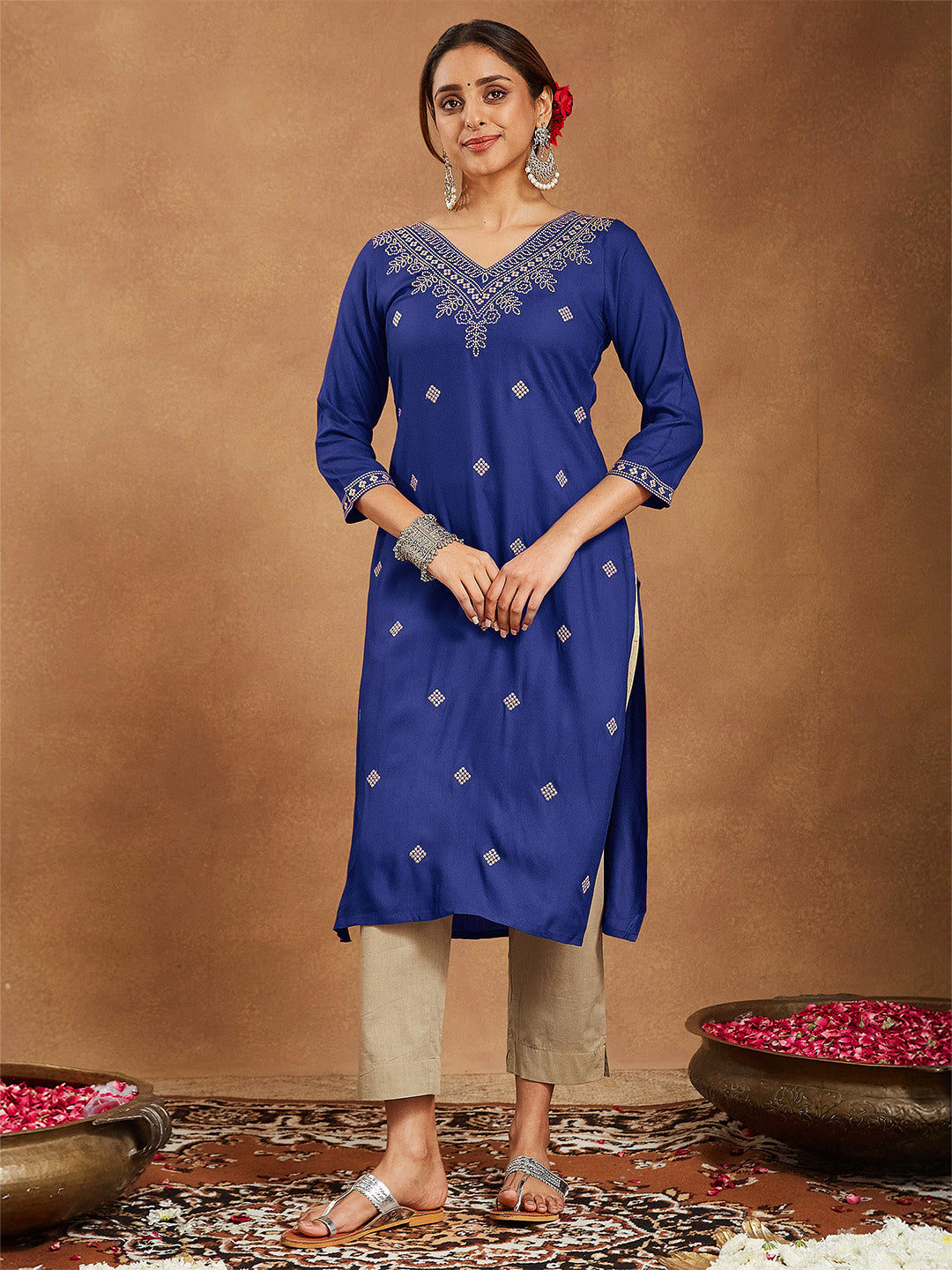 Janasya Women's Navy Blue Rayon Embroidered Straight Kurta - qivii