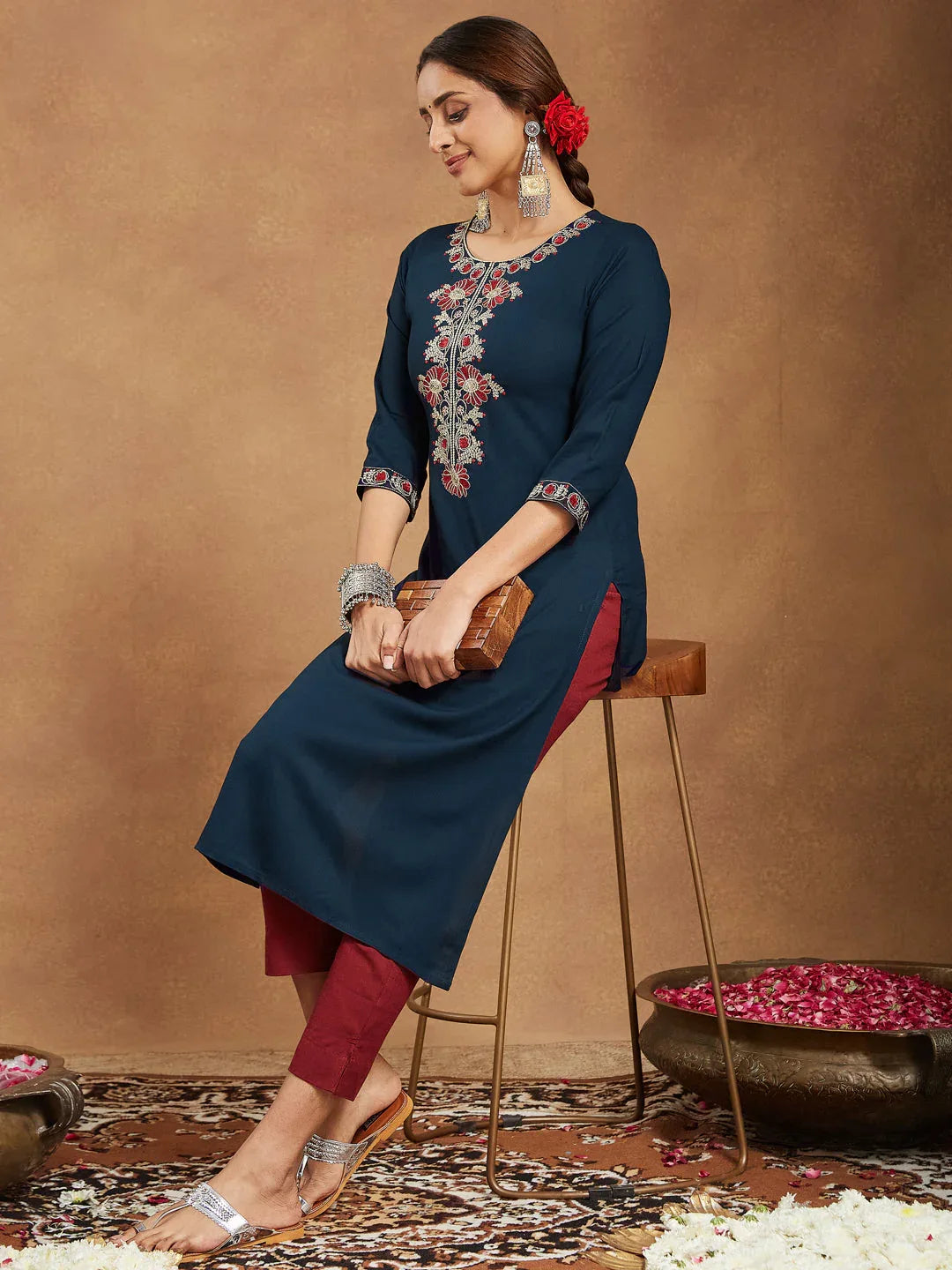 Janasya Women's Navy Blue Rayon Embroidered Straight Kurta