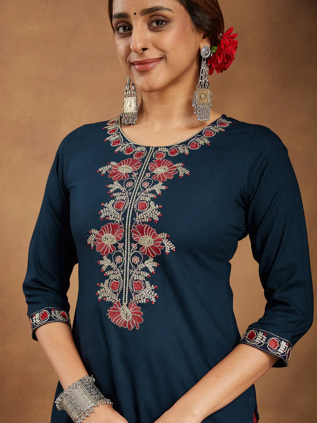 Janasya Women's Navy Blue Rayon Embroidered Straight Kurta