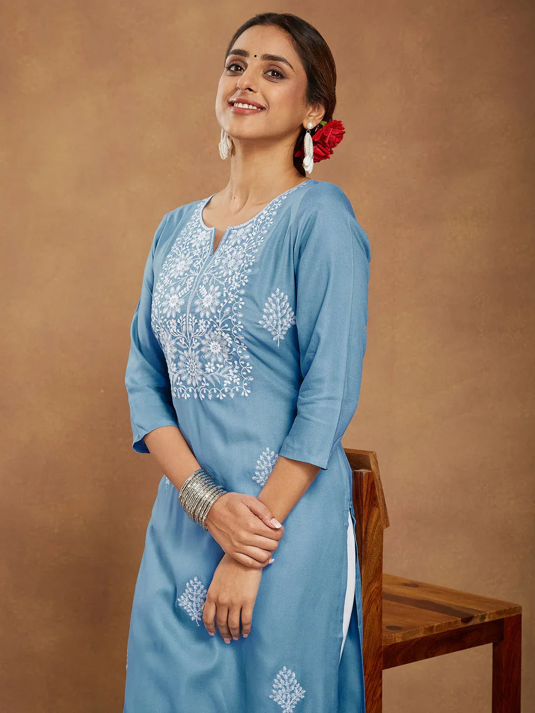 Janasya Women's Sky Blue Rayon Embroidered Straight Kurta