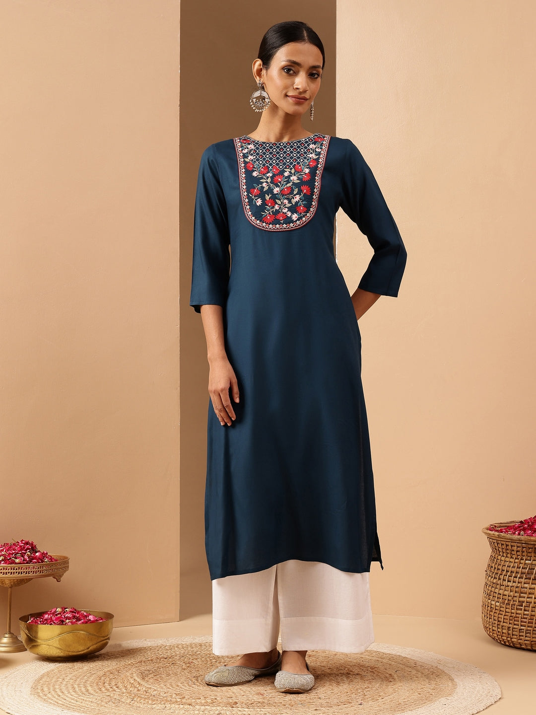 Janasya Women's Teal Blue Rayon Yoke Embroidered Straight Kurta - qivii