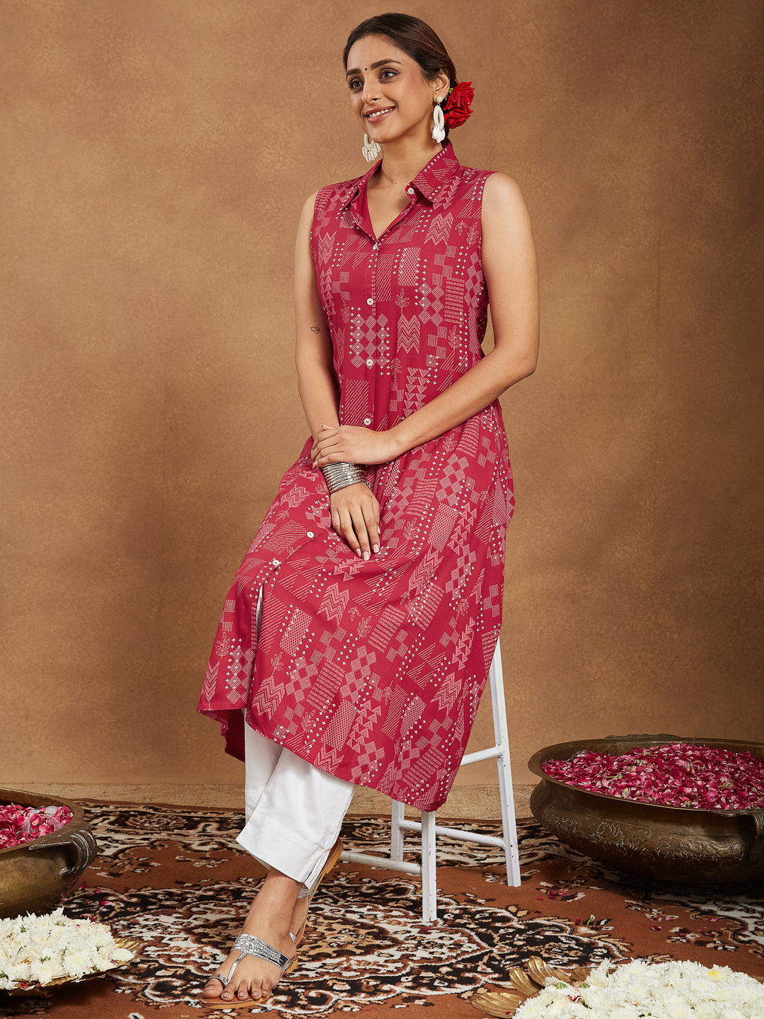 Janasya Women's Red Rayon Geometric Printed A-line Shirt Kurta - qivii