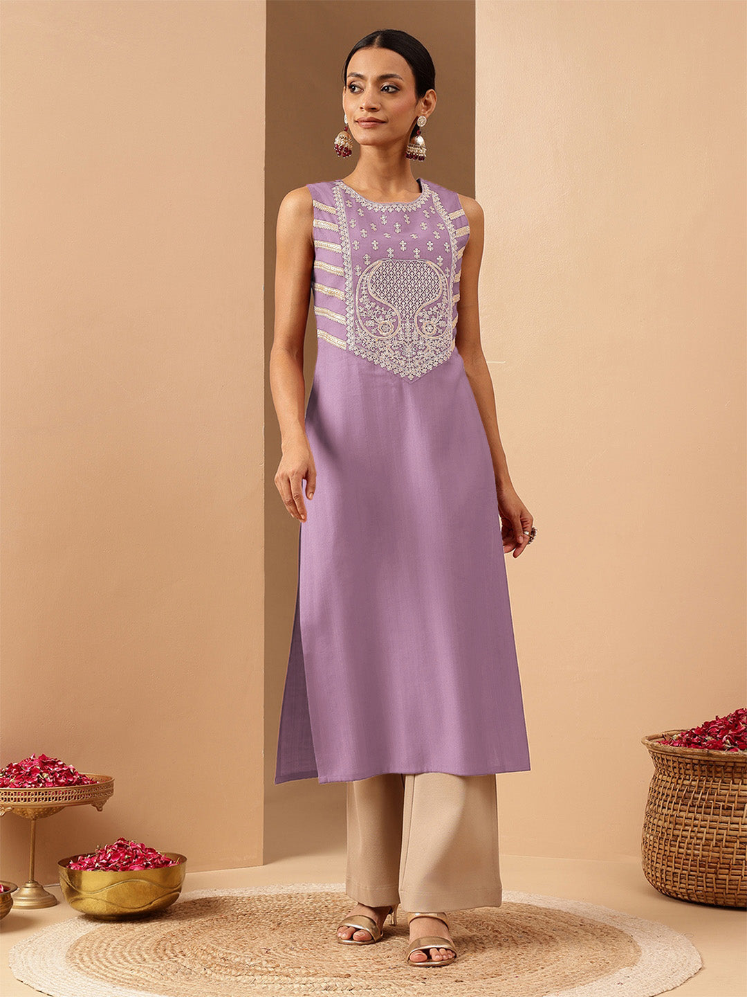 Janasya Women's Lavender Silk Blend Zari Embroidered Straight Kurta - qivii