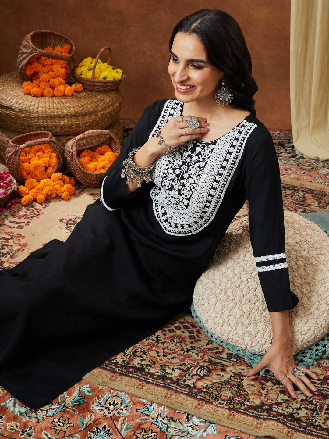 Janasya Women's Black Silk Blend Embroidered Straight Kurta - qivii
