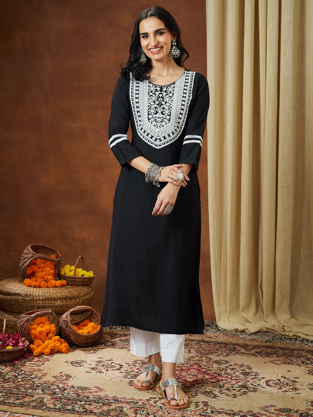 Janasya Women's Black Silk Blend Embroidered Straight Kurta - qivii