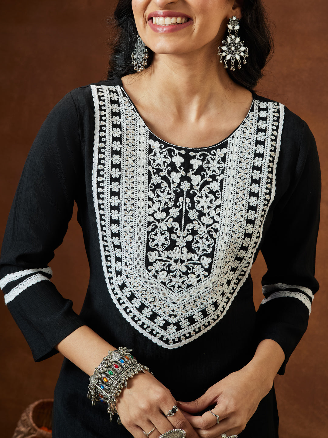 Janasya Women's Black Silk Blend Embroidered Straight Kurta - qivii