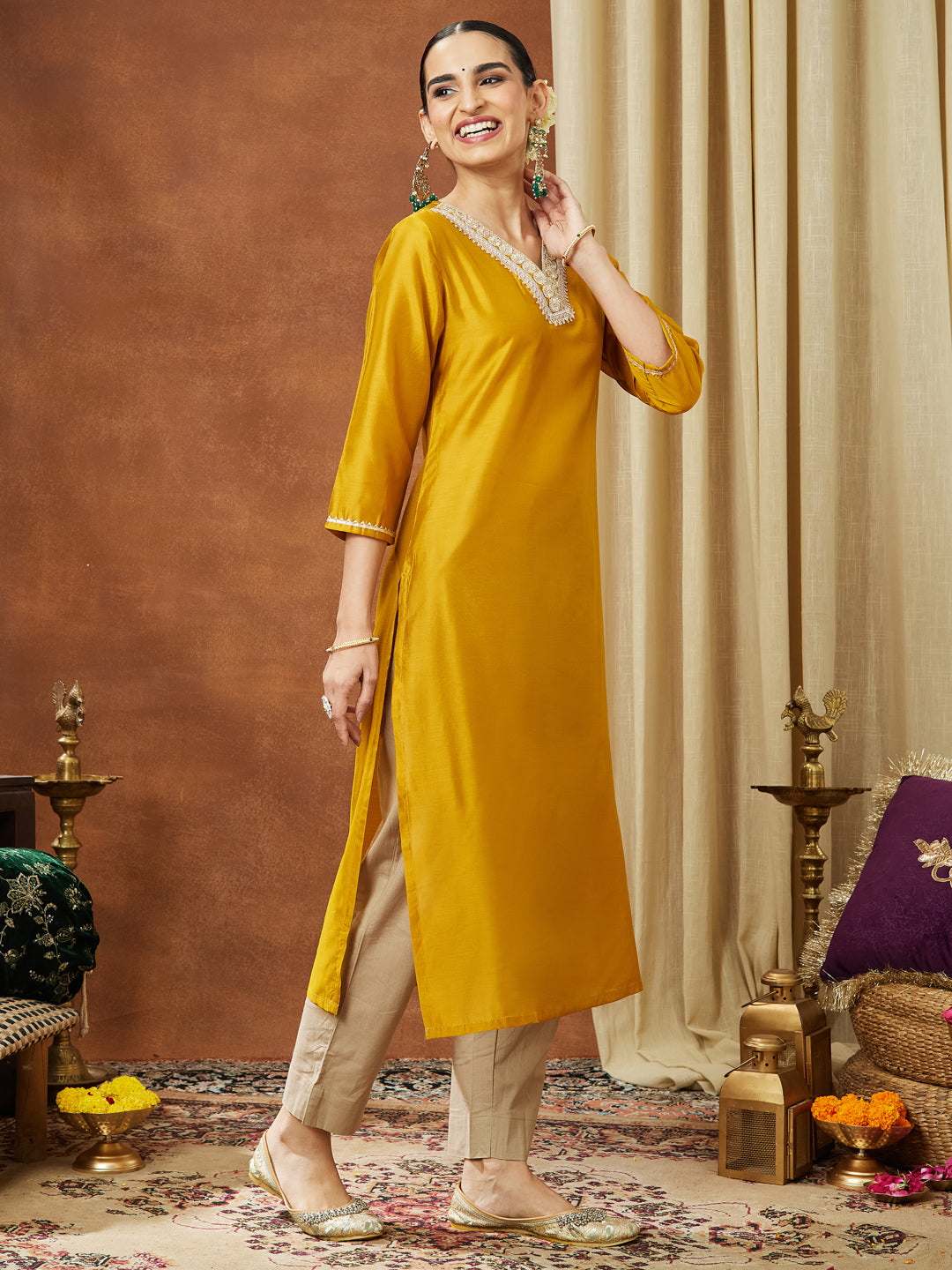 Janasya Women's Mustard Chanderi Silk Embellished Straight Kurta - qivii