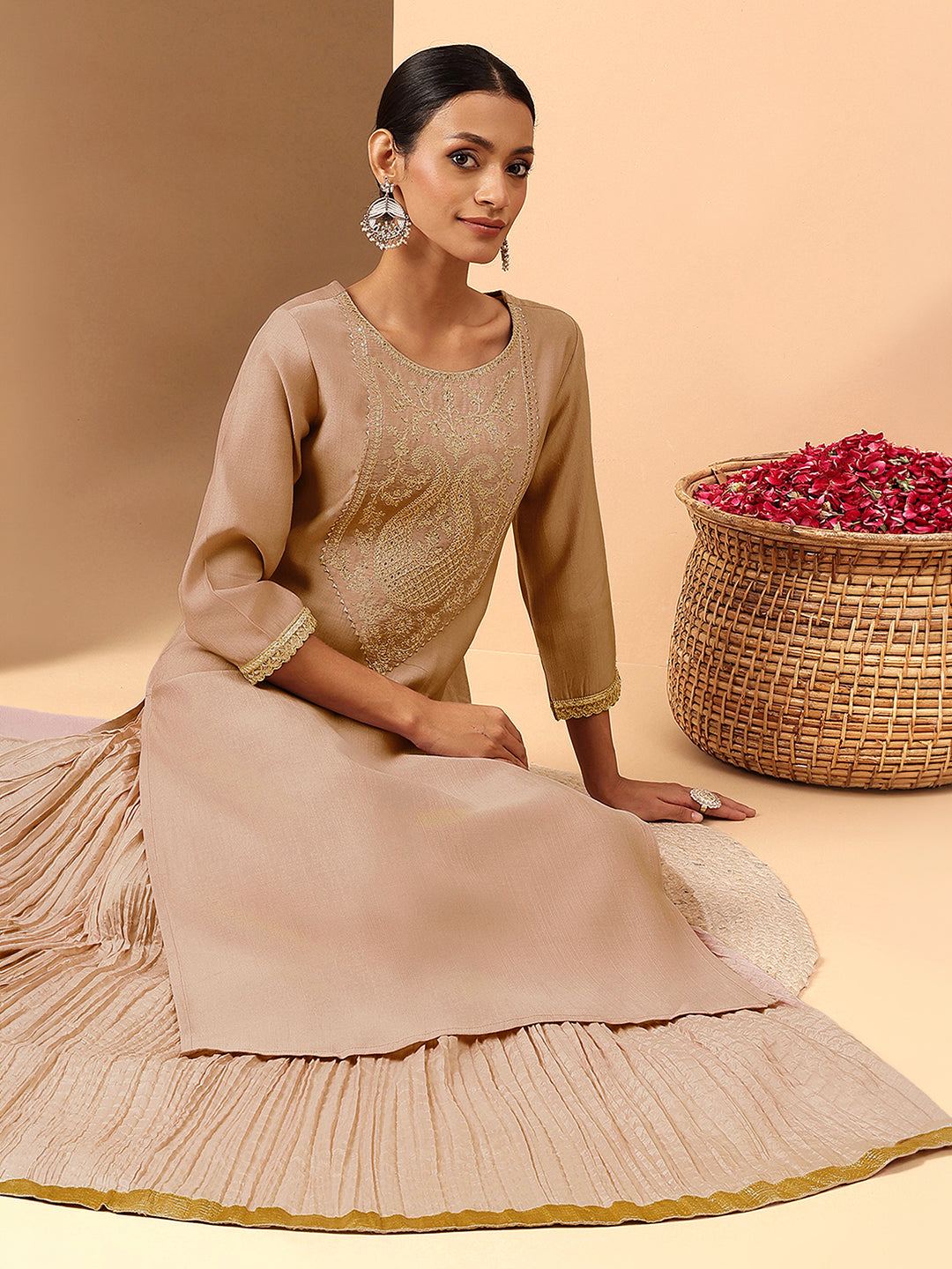 Janasya Women's Brown Silk Blend Embroidered Straight Kurta