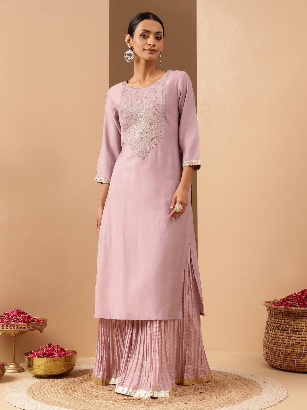 Janasya Women's Lavender Silk Blend Yoke Embroidered Straight Kurta - qivii