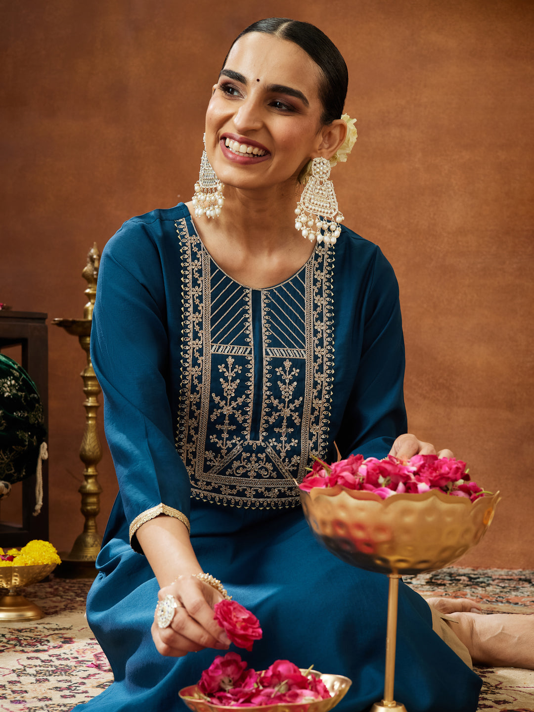 Janasya Women's Teal Blue Chanderi Silk Zari Yoke Embroidery Straight Kurta - qivii