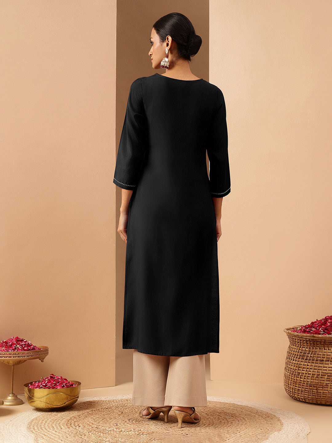 Janasya Women's Black Chanderi Silk Yoke Embroidered Straight Kurta - qivii