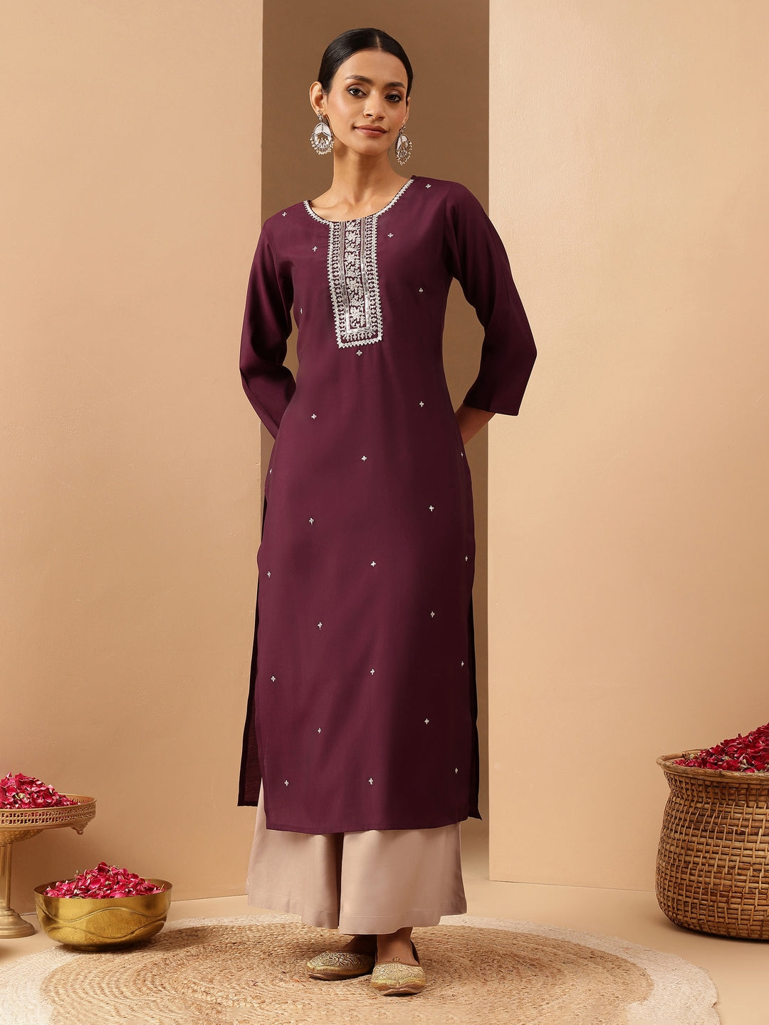 Janasya Women's Wine Chanderi Silk Embroidered Straight Kurta - qivii
