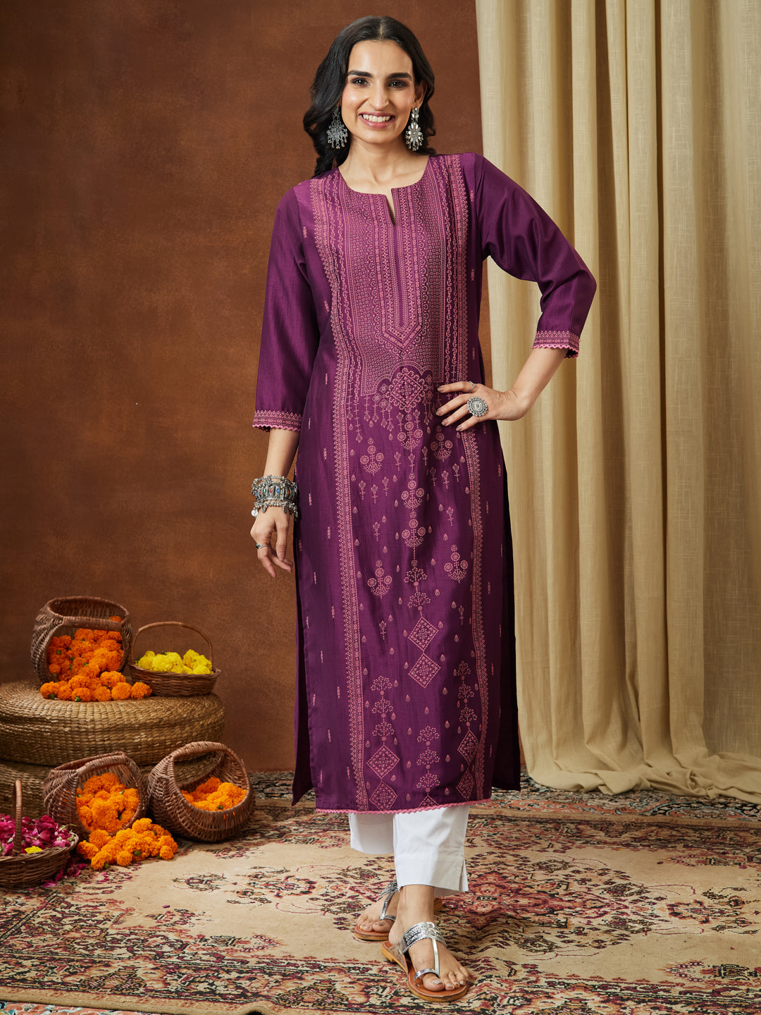 Janasya Women's Wine Silk Blend Ethnic Printed Straight Kurta