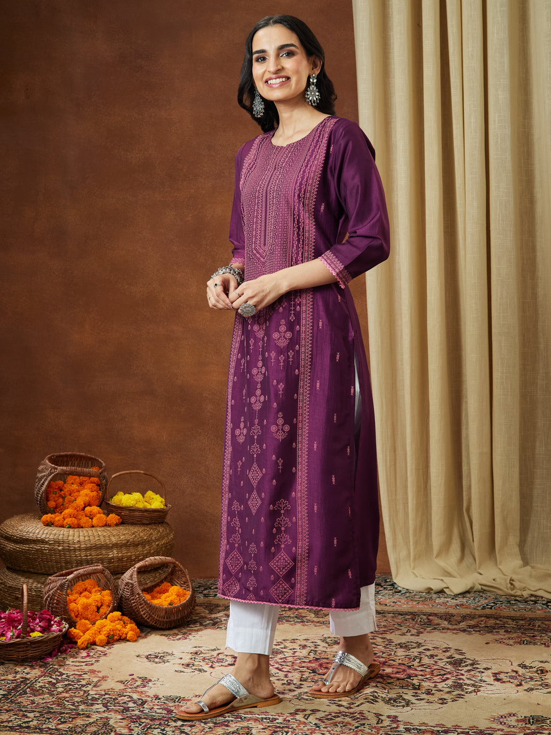 Janasya Women's Wine Silk Blend Ethnic Printed Straight Kurta