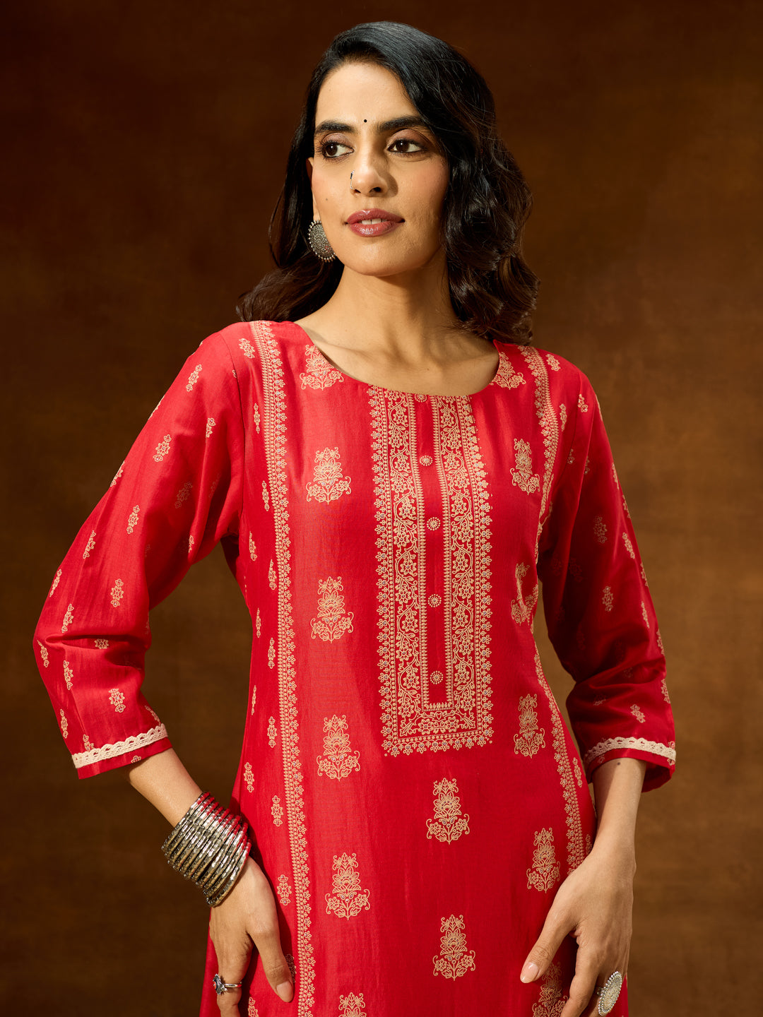 Janasya Women's Red Silk Blend Ethnic Printed Straight Kurta
