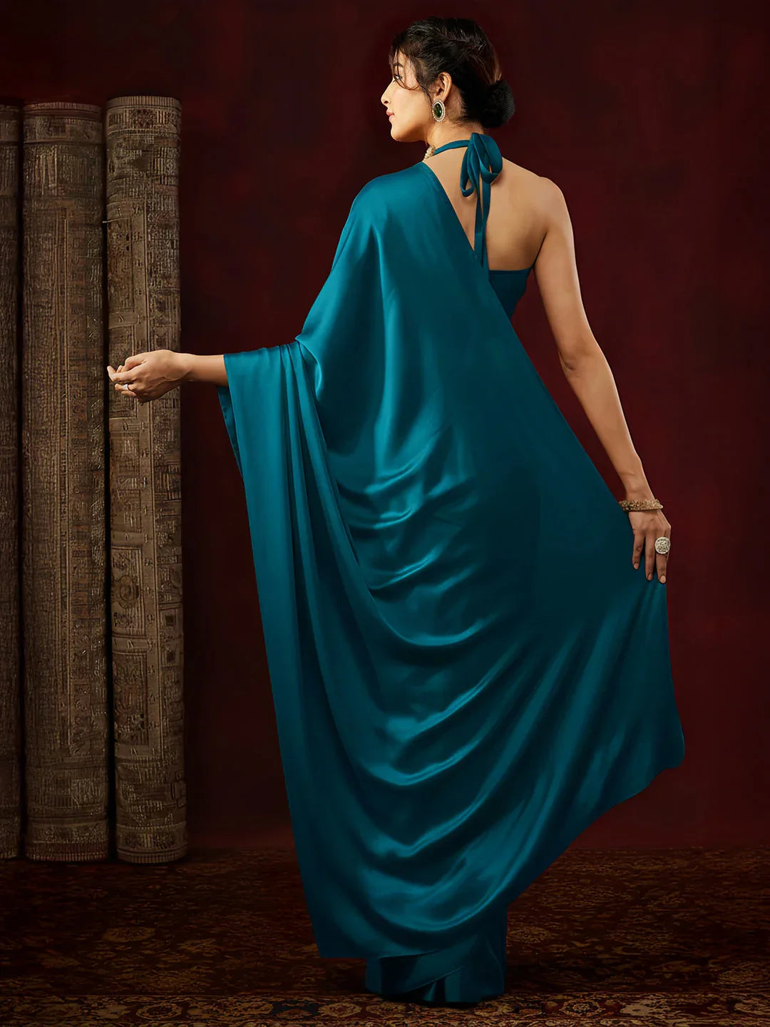 Janasya Women's Turquoise Satin One-Minute Ready-to-Wear Solid Saree with Unstitched Blouse