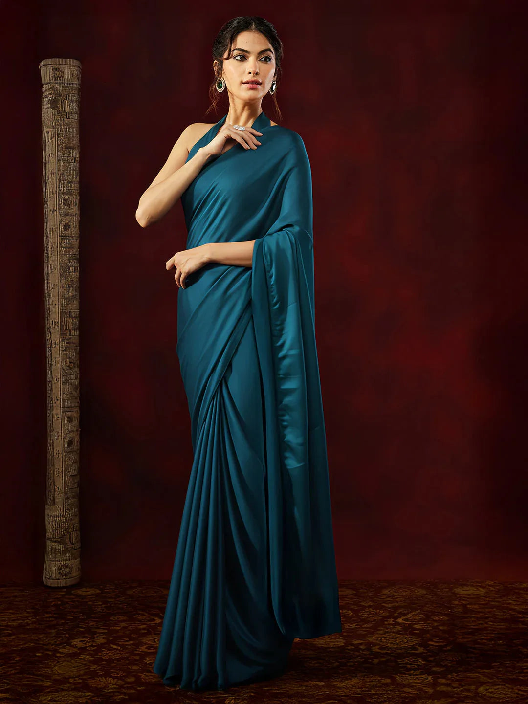 Janasya Women's Turquoise Satin One-Minute Ready-to-Wear Solid Saree with Unstitched Blouse