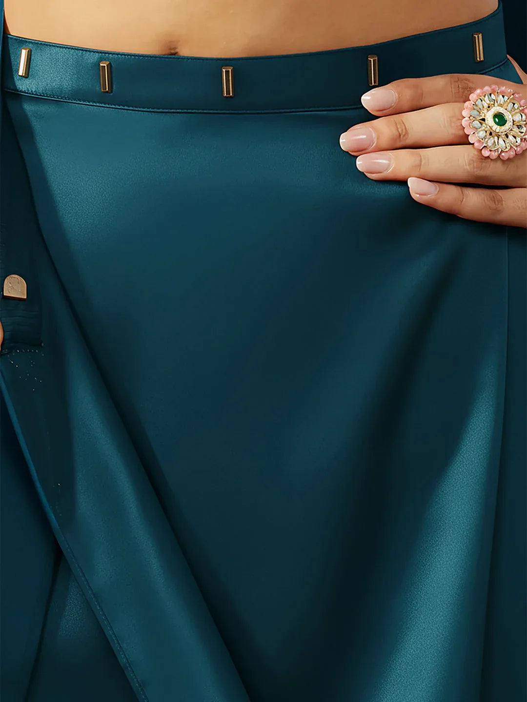 Janasya Women's Turquoise Satin One-Minute Ready-to-Wear Solid Saree with Unstitched Blouse