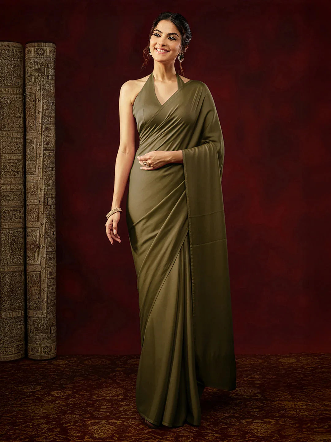 Janasya Women's Olive Satin One-Minute Ready-to-Wear Saree with Unstitched Blouse