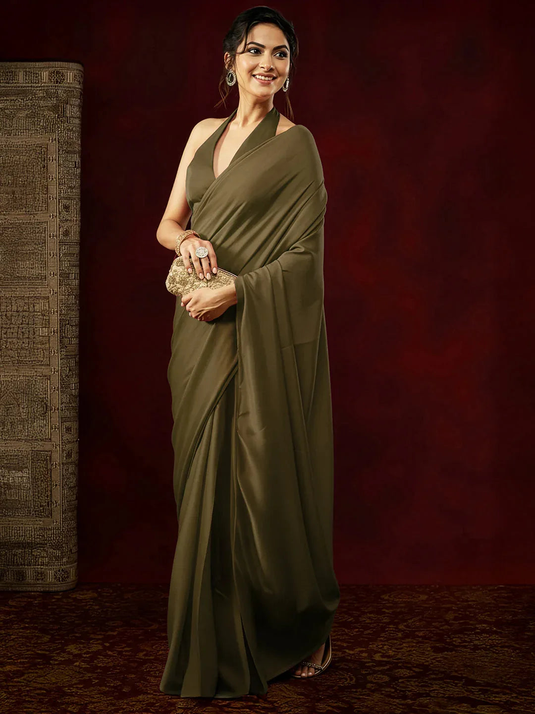 Janasya Women's Olive Satin One-Minute Ready-to-Wear Saree with Unstitched Blouse