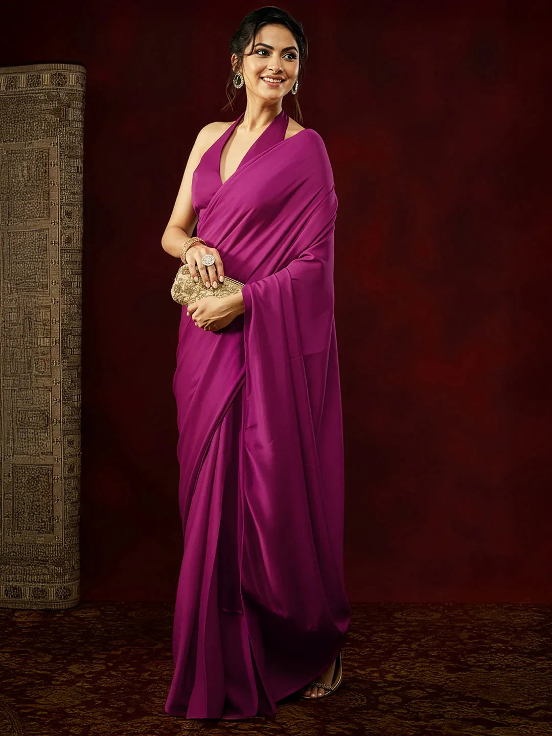 Janasya Women's Turquoise Satin One-Minute Ready-to-Wear Solid Saree with Unstitched Blouse