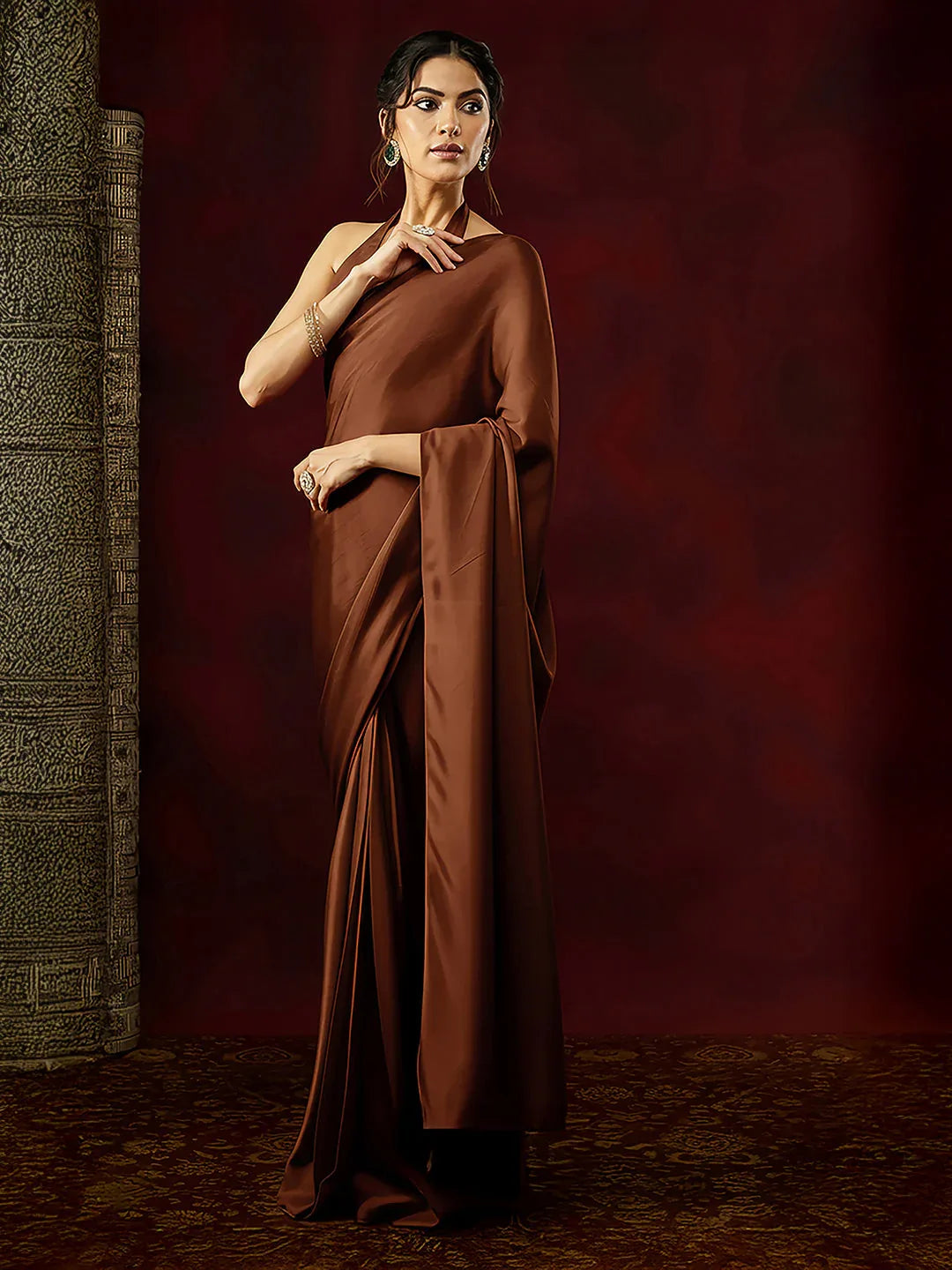 Janasya Women's Rust Satin One-Minute Ready-to-Wear Saree with Unstitched Blouse