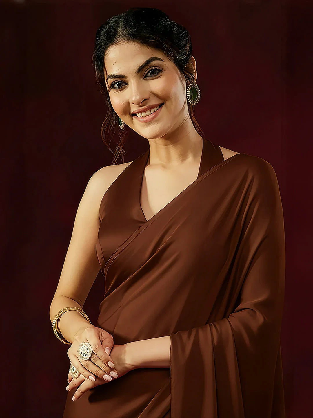 Janasya Women's Rust Satin One-Minute Ready-to-Wear Saree with Unstitched Blouse