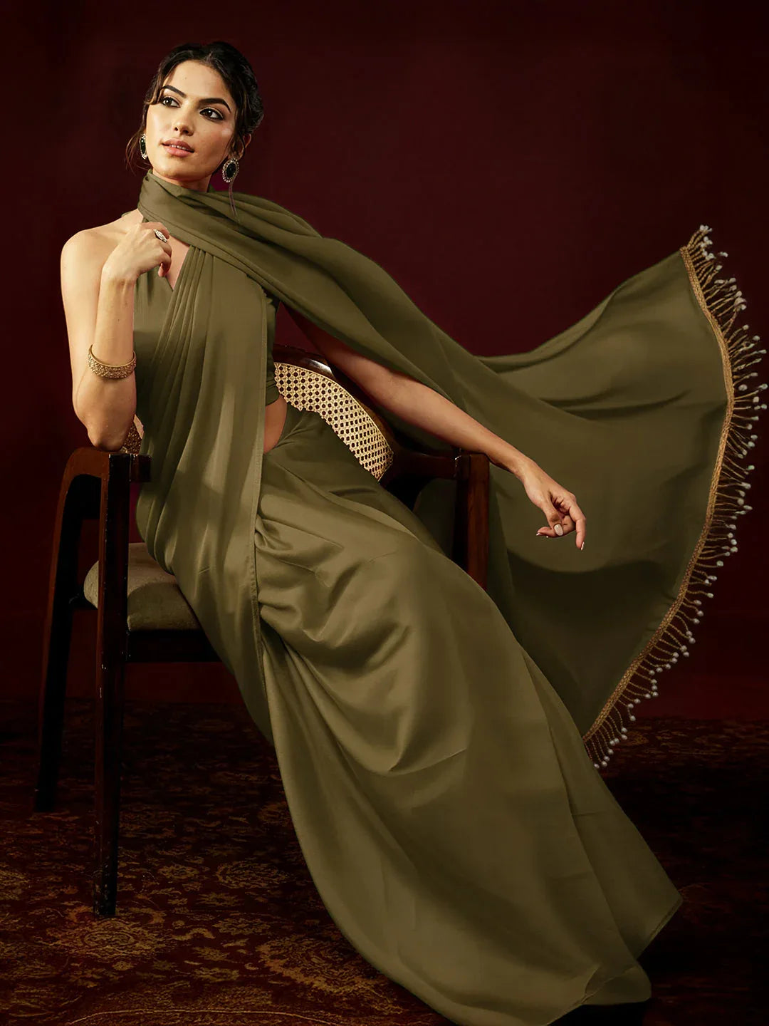 Janasya Women's Olive Satin One-Minute Ready-to-Wear Embellished Saree with Unstitched Blouse