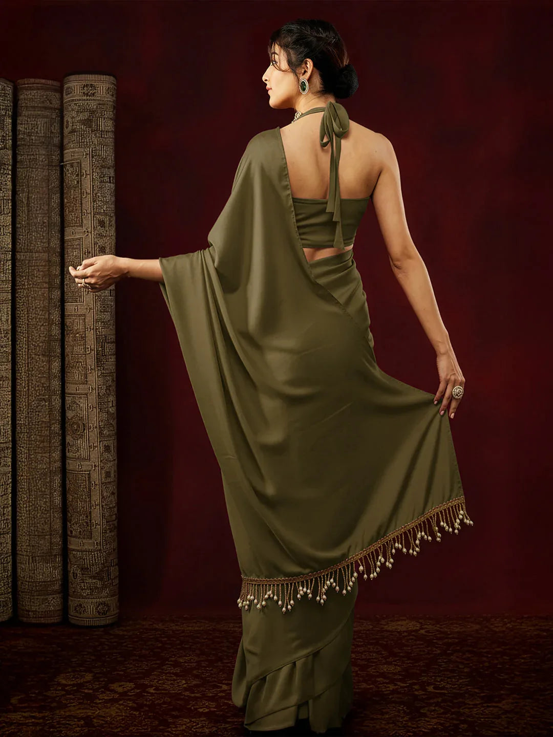 Janasya Women's Olive Satin One-Minute Ready-to-Wear Embellished Saree with Unstitched Blouse