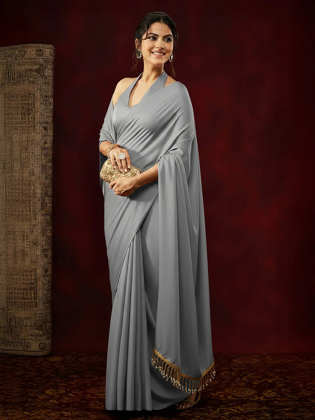 Janasya Women's Grey Satin One-Minute Ready-to-Wear Embellished Saree with Unstitched Blouse